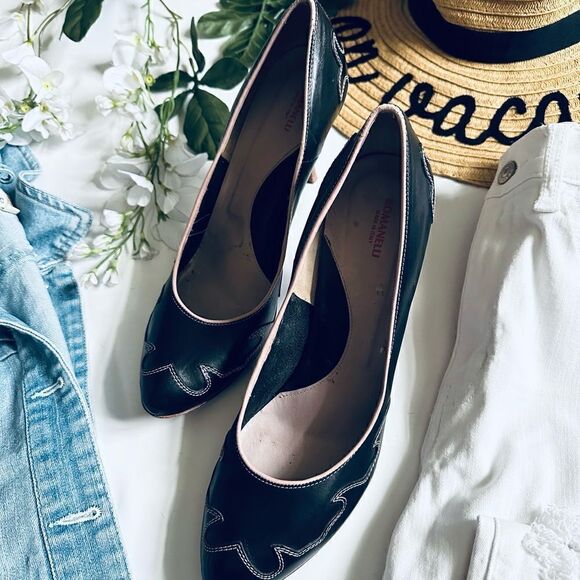 Vintage Romanelli Made in Italy black/pink leather scalloped detail pinup heels - Picture 1 of 10